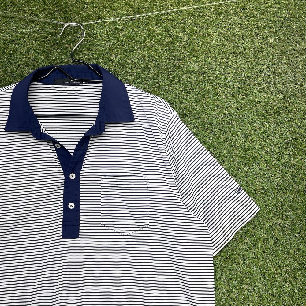 RLX Ralph Lauren Polo Shirt Mens Large Outdoor Wicking Striped Golf Stretch Blue